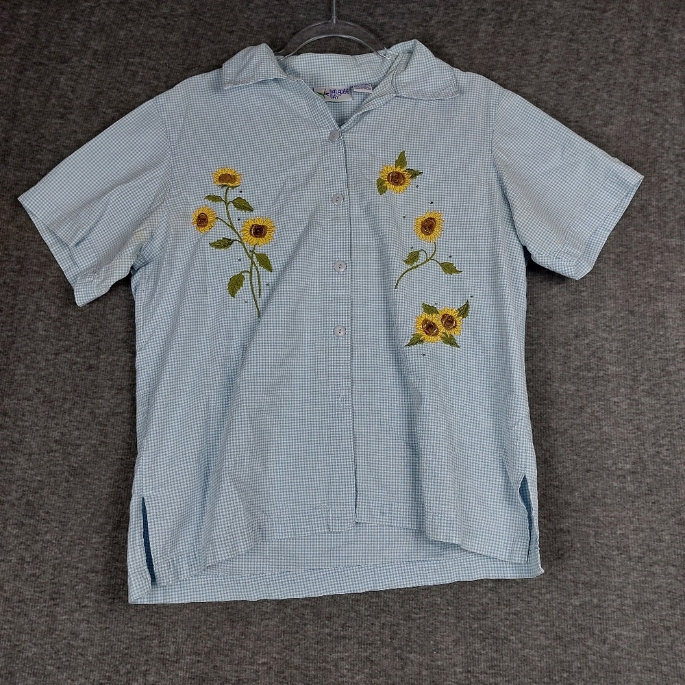PARADISE BAY WOMENS VTG BLUE GINGHAM EMBROIDERED SUNFLOWER BUTTON UP SHIRT SZ M